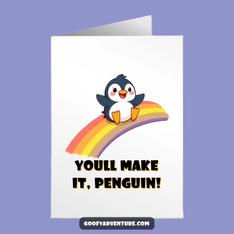 Free Printable Penguin Congrats Card: Rainbow Ride Humor Downloadable