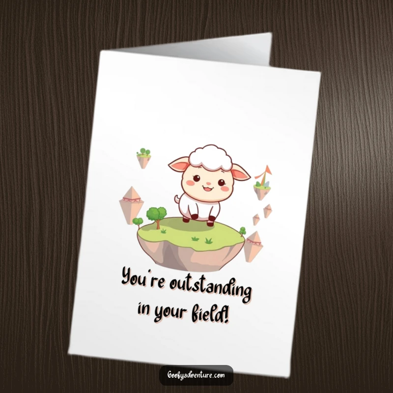 Funny Free Printable Sheep Congratulations Card: A smiling sheep joyfully navigates a land of whimsical floating islands. Downloadable gift.