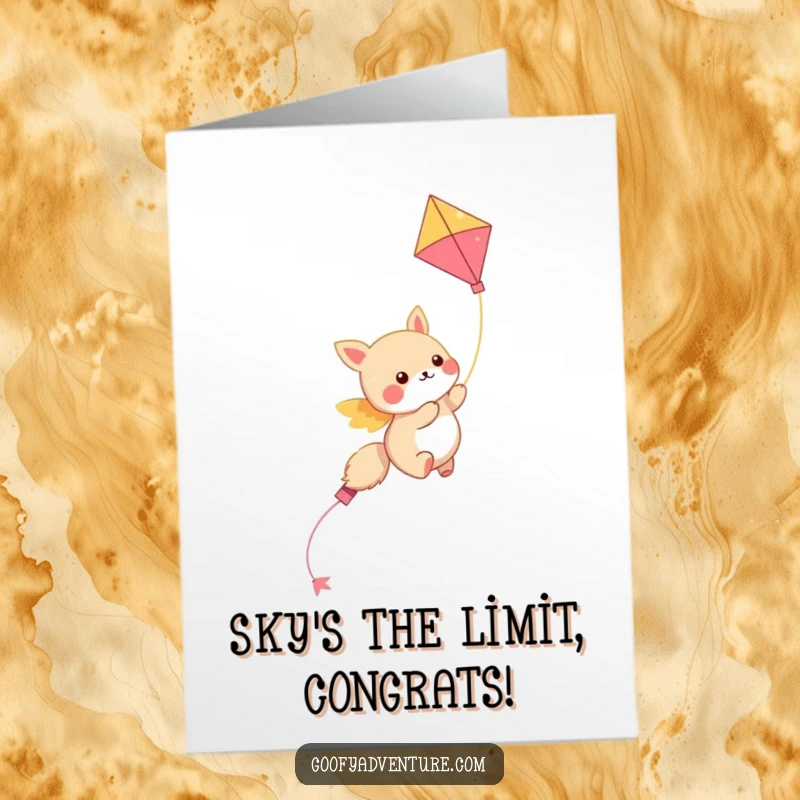 Funny Free Printable Congratulations Card: Kawaii animal joyfully soars on a kite, celebrating achievements with a vibrant downloadable art.