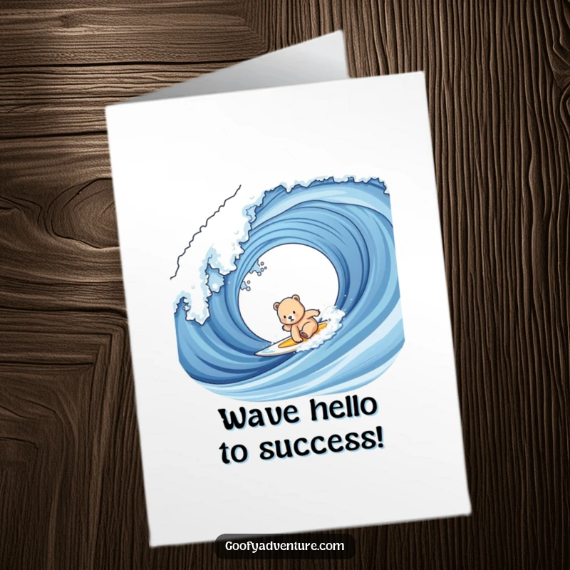 Funny Free Printable Congratulations Card: Adorable bear cub successfully riding a massive wave, symbolizing overcoming challenges.