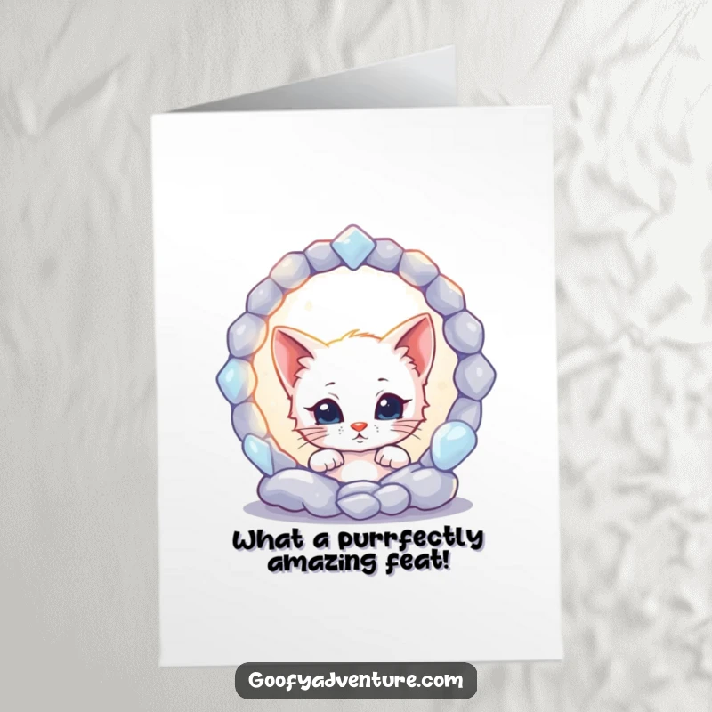 Funny Free Printable Congrats Card: Playful kitten peers into a glowing portal, signifying a grand new adventure.
