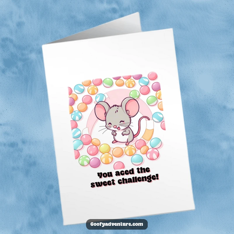 Free Printable Congratulations Card: Giggling mouse in candy maze, celebrating success, sweet achievement, funny gift, DIY.