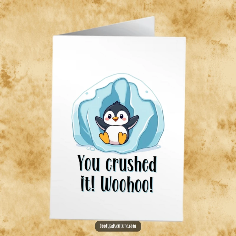Funny Free Printable Congrats Card: Penguin character celebrating a successful slide down an icy glacier, full of joy.