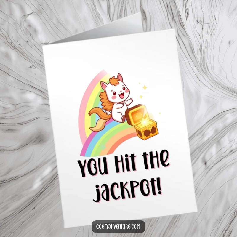 Funny Free Printable Congrats Card: Cheerful animal rides a rainbow, symbolizing achievement and treasure.