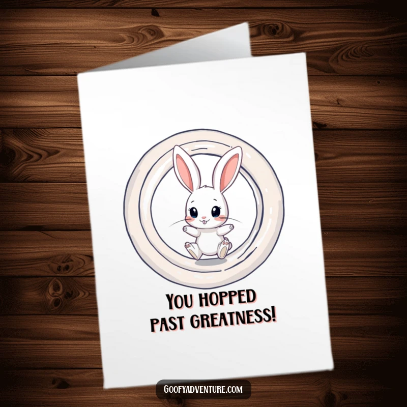 Funny Free Printable Rabbit Poised to Jump into a Swirling Portal Congratulations Card, embracing new opportunities.