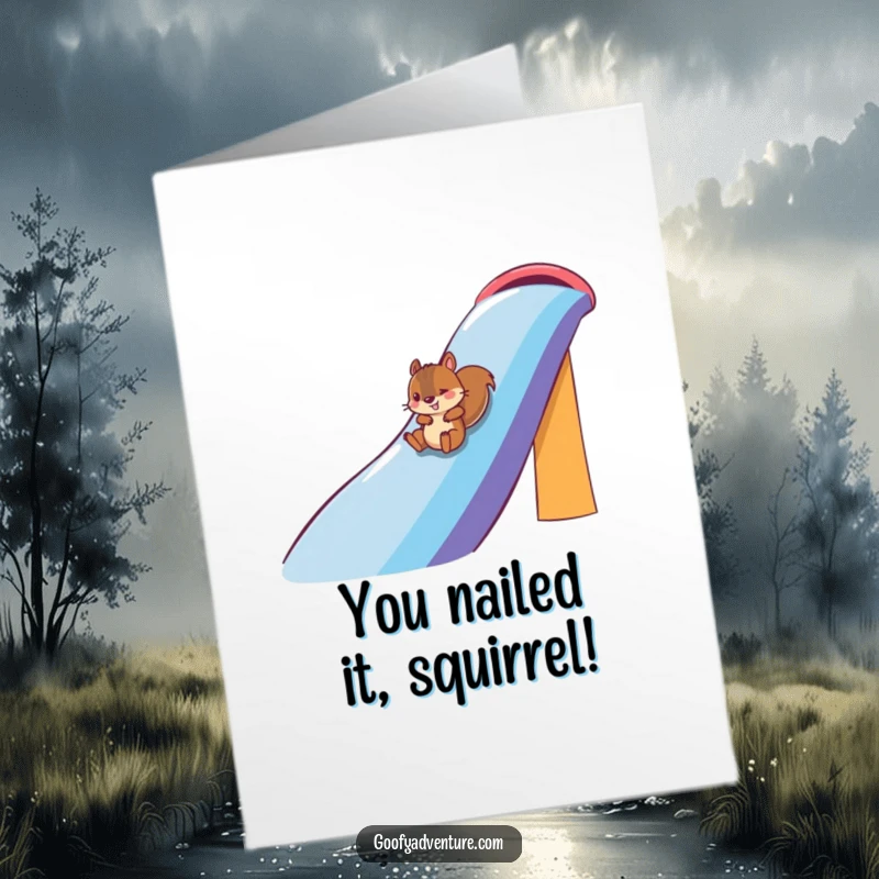 Funny Free Printable Congratulations Card: A playful squirrel slides down a massive rainbow slide, celebrating a colorful success.