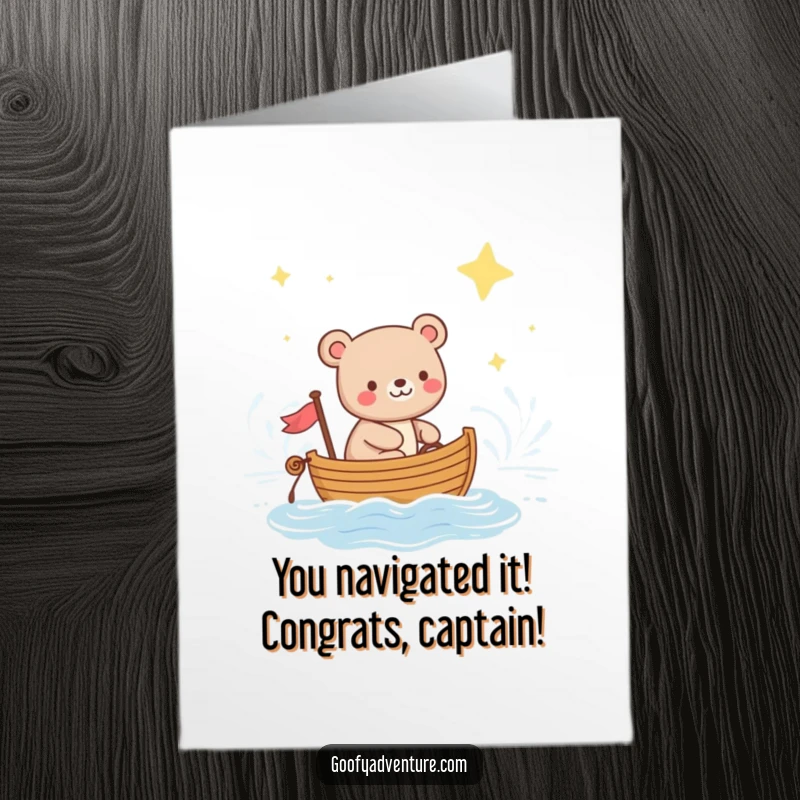 Funny Free Printable Bear sailing a boat on a starry ocean, wishing congratulations on a journey.