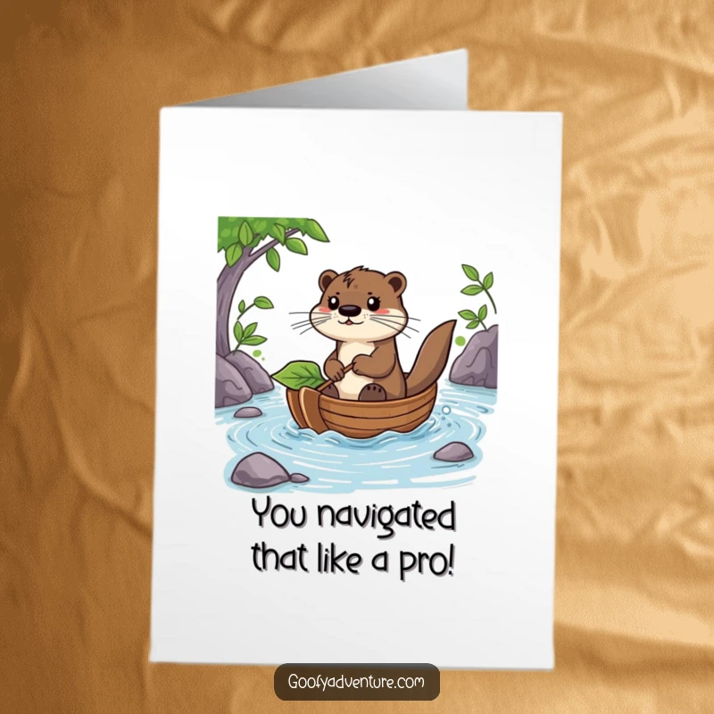 Funny Free Printable Congrats Card: A determined otter character steers a leaf boat down a river, symbolizing a successful journey.
