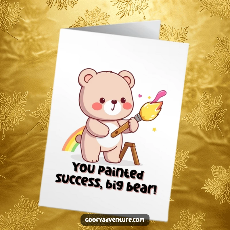 Funny Free Printable Congrats Card: A Kawaii bear cheerfully paints a magnificent rainbow, symbolizing bright achievements.