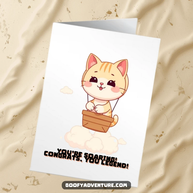 Funny Free Printable Cat captaining a hot air balloon over clouds, conveying congratulations on a journey.