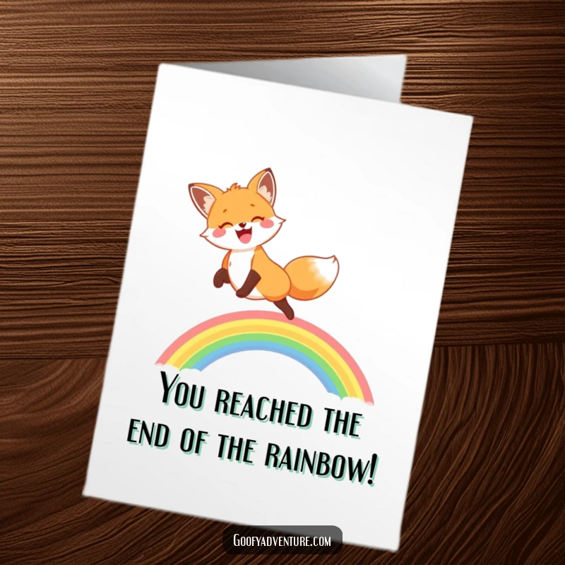 Funny Free Printable Congratulations Card: Happy fox jumps joyfully over a colorful rainbow. Celebratory and downloadable.