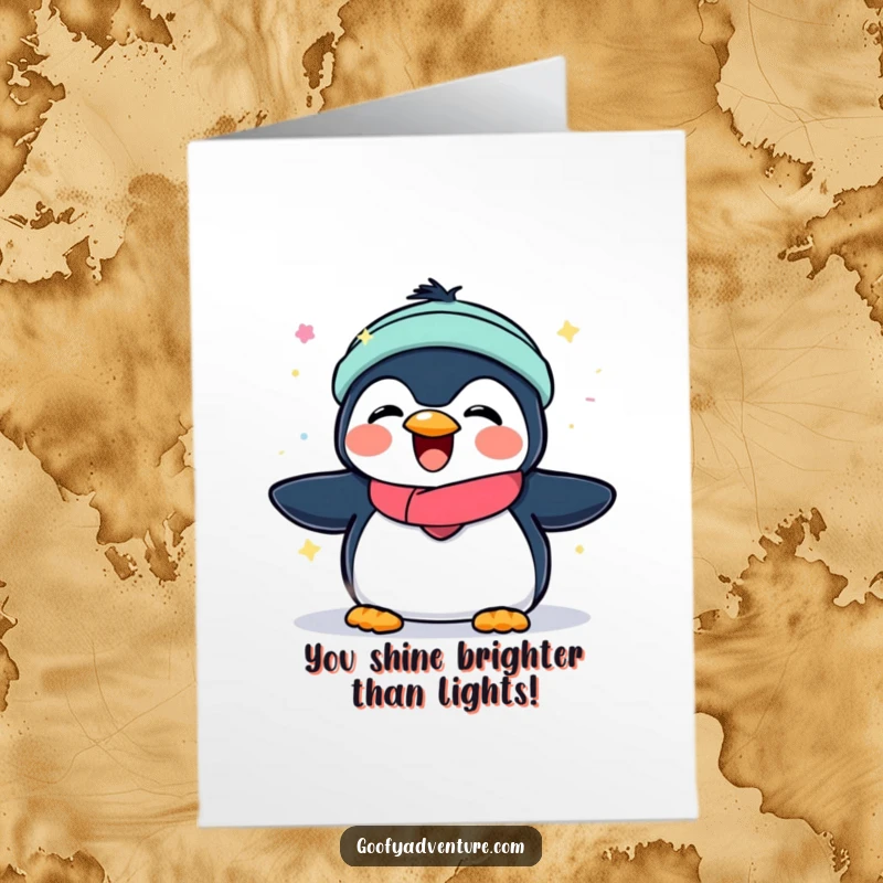 Free Printable Congratulations Card: Joyous penguin with aurora lights, celebrating success, radiant triumph, funny gift, DIY.