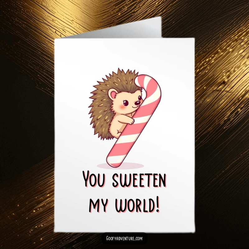 Funny Free Printable Congratulations Card: Kawaii hedgehog proudly perched atop a giant candy cane after a successful climb.