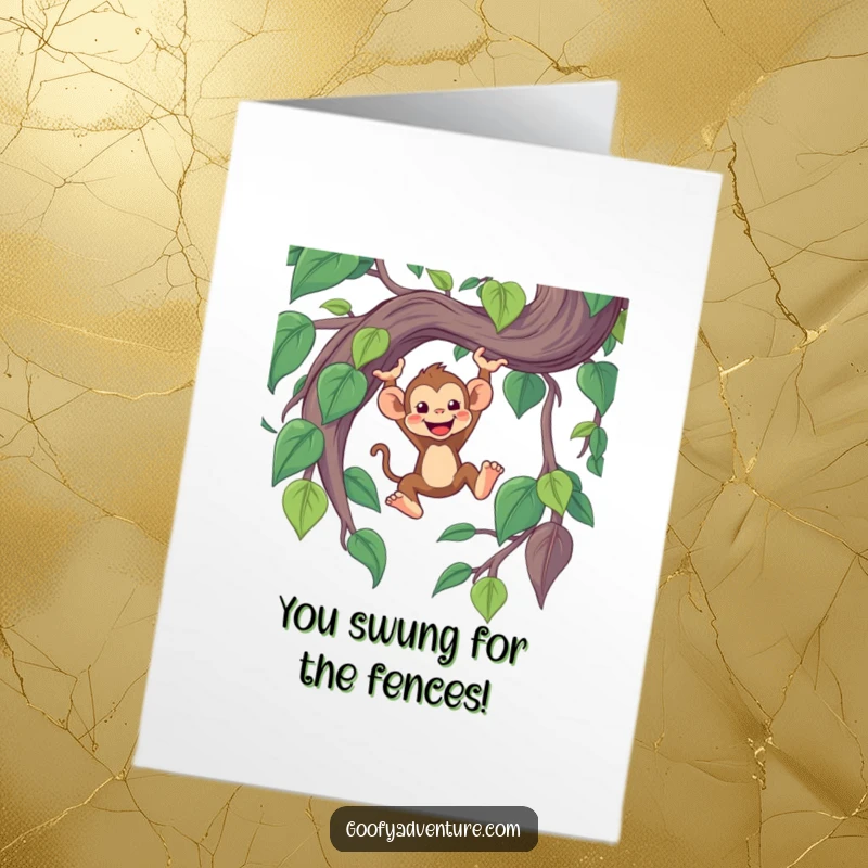 Funny Free Printable Happy Monkey Swinging from a Big Vine Congratulations Card, celebrating success with excitement.