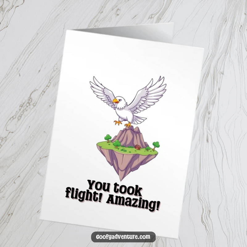 Funny Free Printable Congrats Card: Majestic eagle character soaring over a fantastical floating island, celebrating grand achievements.