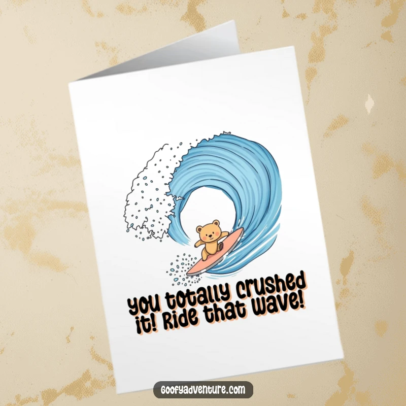 Funny Free Printable Congratulations Card: Bear cub rides giant wave, celebrating success with a splash. Downloadable.