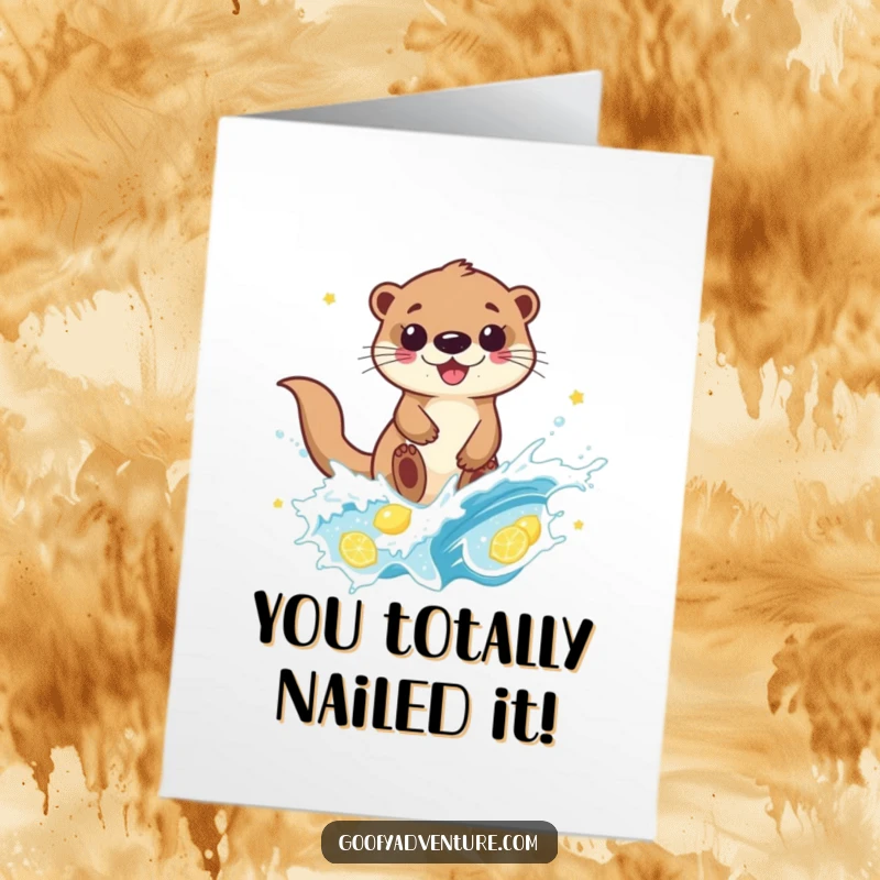 Funny Free Printable Congrats Card: Otter confidently rides a bubbly lemonade wave, celebrating success.