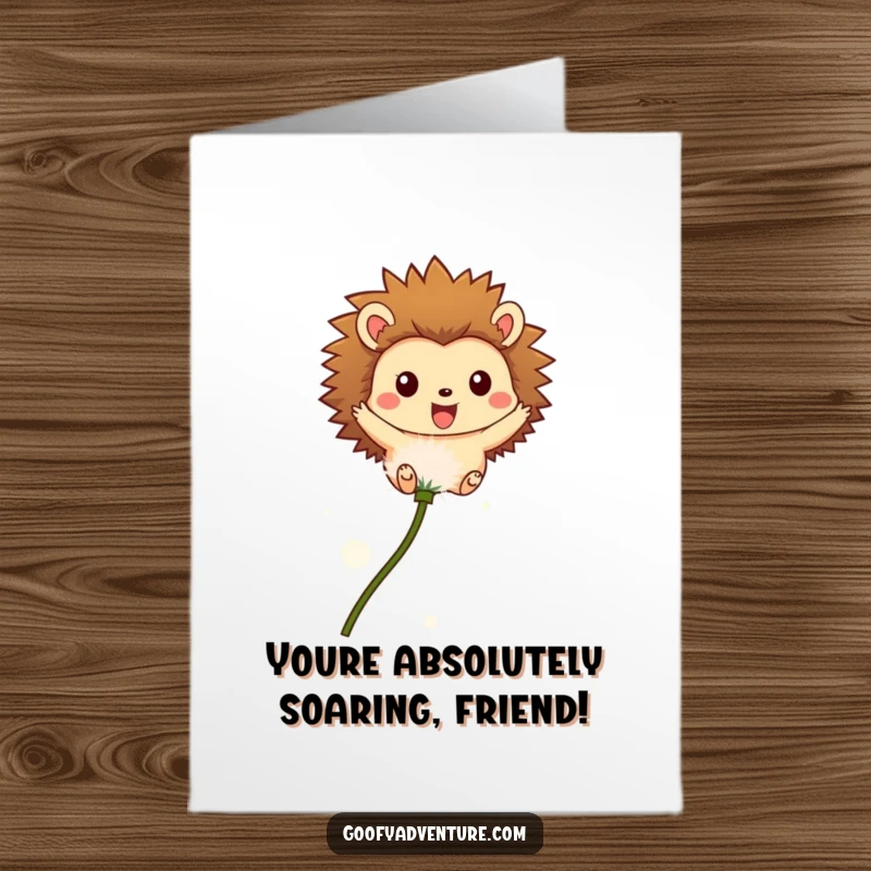 Funny Free Printable Congratulations Card: Hedgehog gleefully airborne on a dandelion seed, celebrating success.