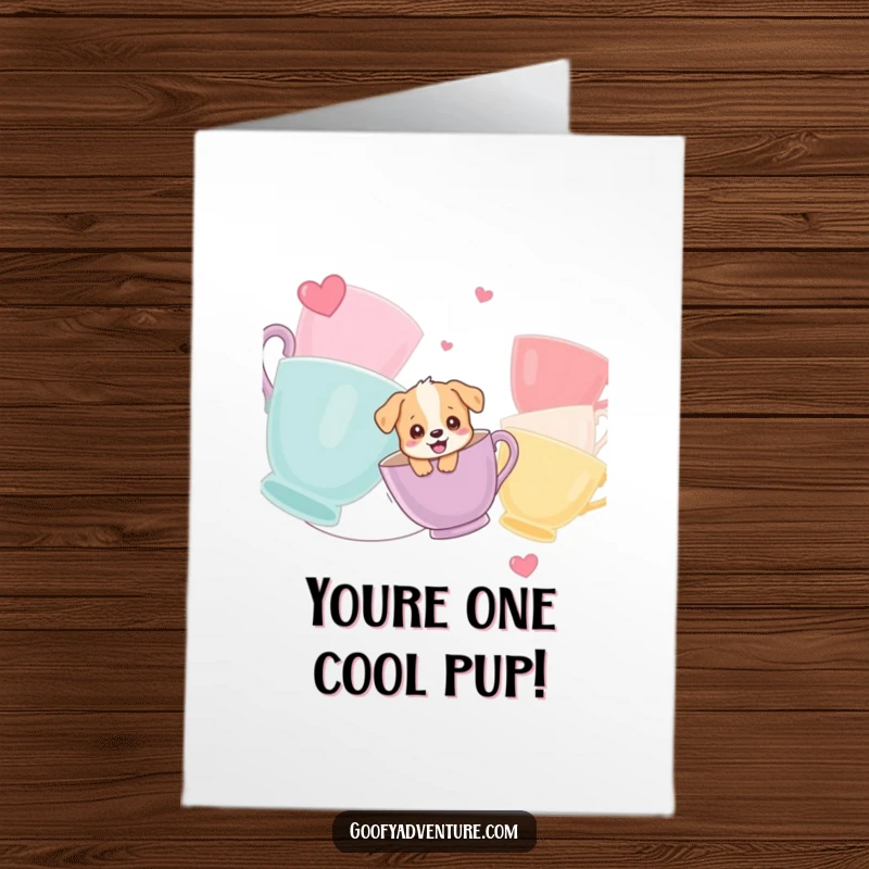 Funny Free Printable Congratulations Card: Puppy gleefully ziplining between giant, colorful teacups, celebrating achievements.