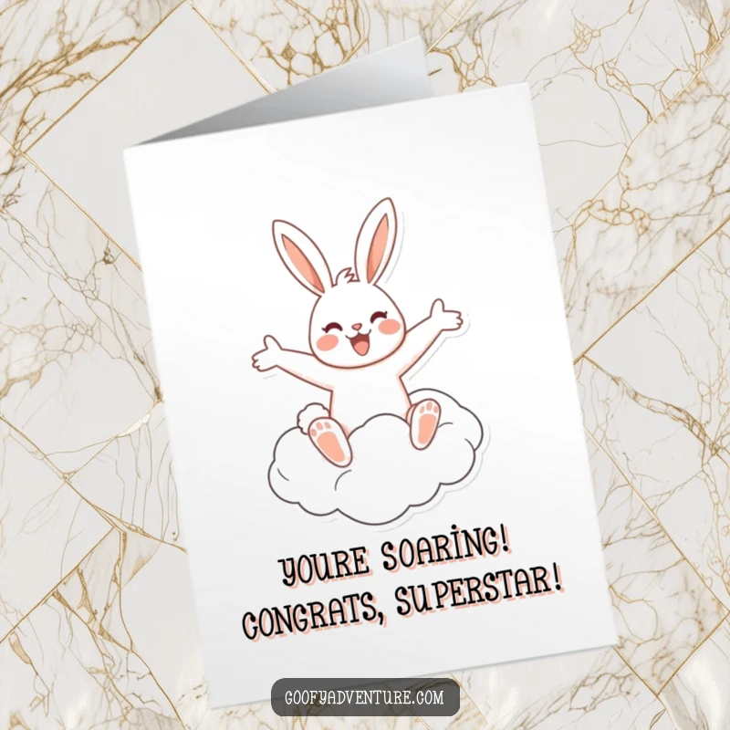 Funny Free Printable Congratulations Card: Rabbit joyfully rides a cloud, arms wide. Celebrating success. Downloadable.