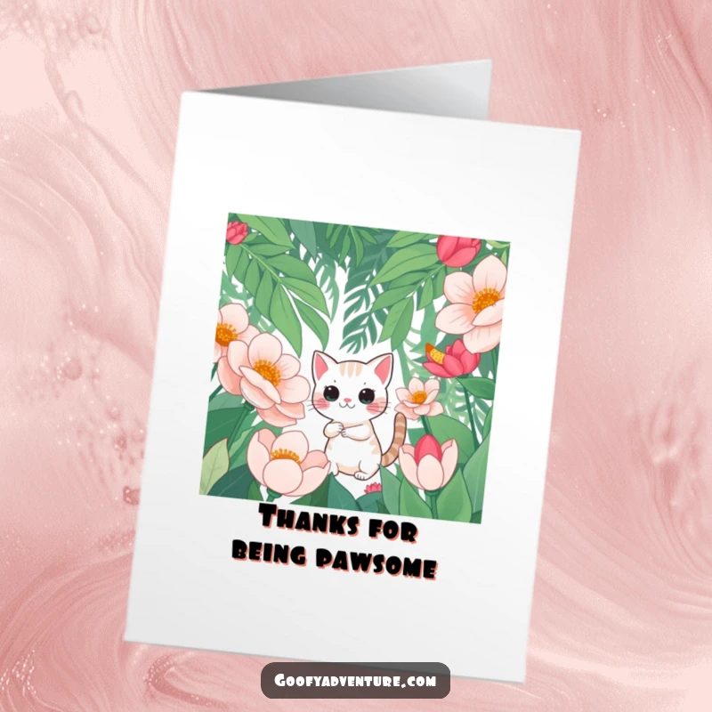 Funny Free Printable Thank You Card: Cat exploring a jungle of oversized flowers, expressing curious appreciation.