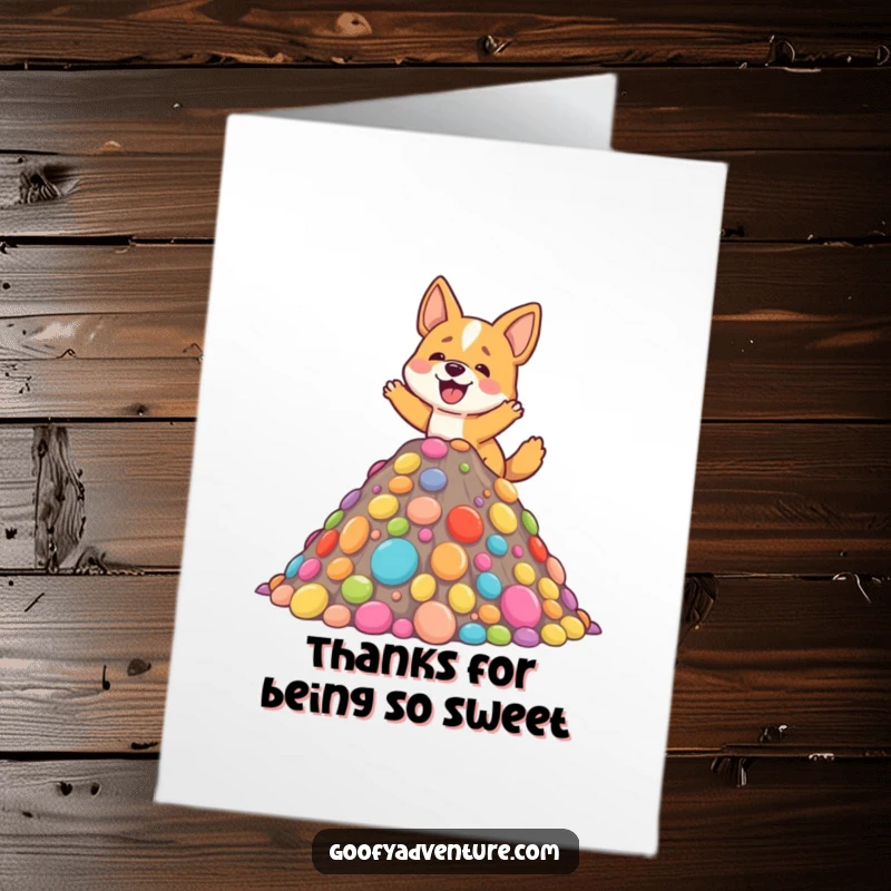 Funny Free Printable Dog climbing a candy mountain, conveying thanks with a sweet smile.