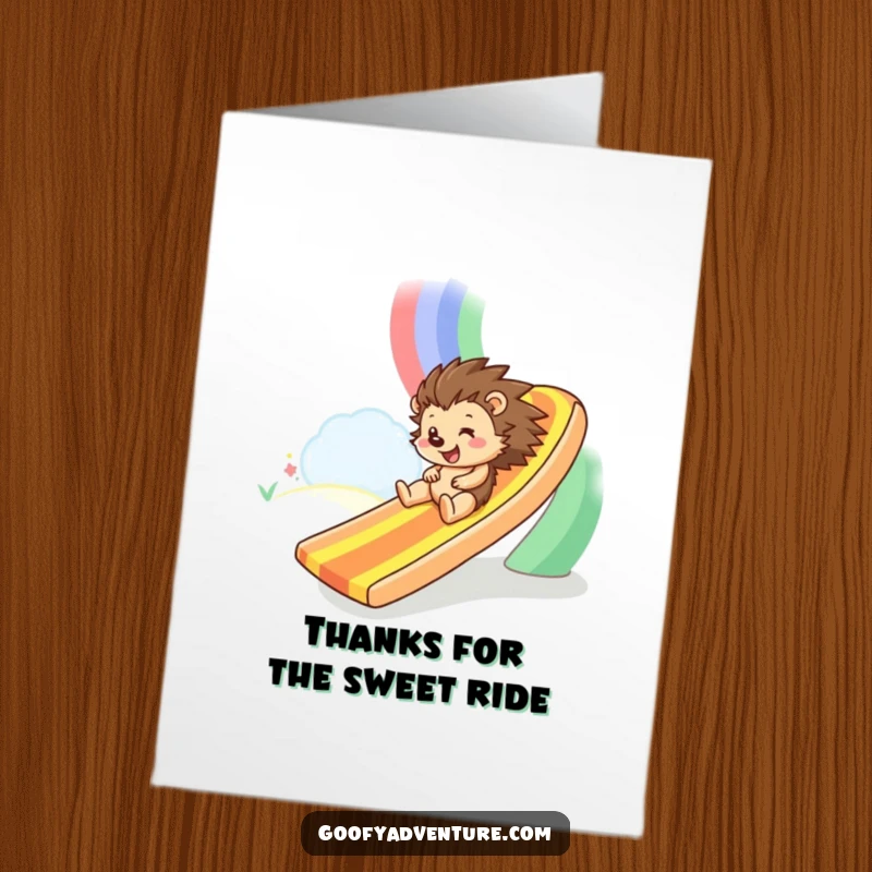 Funny Free Printable Hedgehog Thank You Card: A happy hedgehog playfully sliding down a vibrant rainbow slide. Downloadable gift.