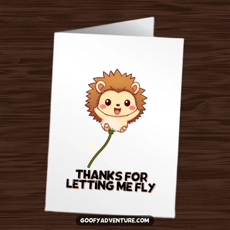 Funny Free Printable Thank You Card: Hedgehog drifting peacefully on a dandelion seed, expressing gratitude.