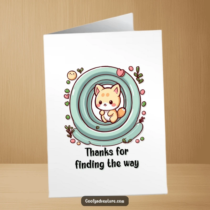 Funny Free Printable Thank You Card: Kawaii animal finding its way through a maze, expressing thanks with a downloadable design.