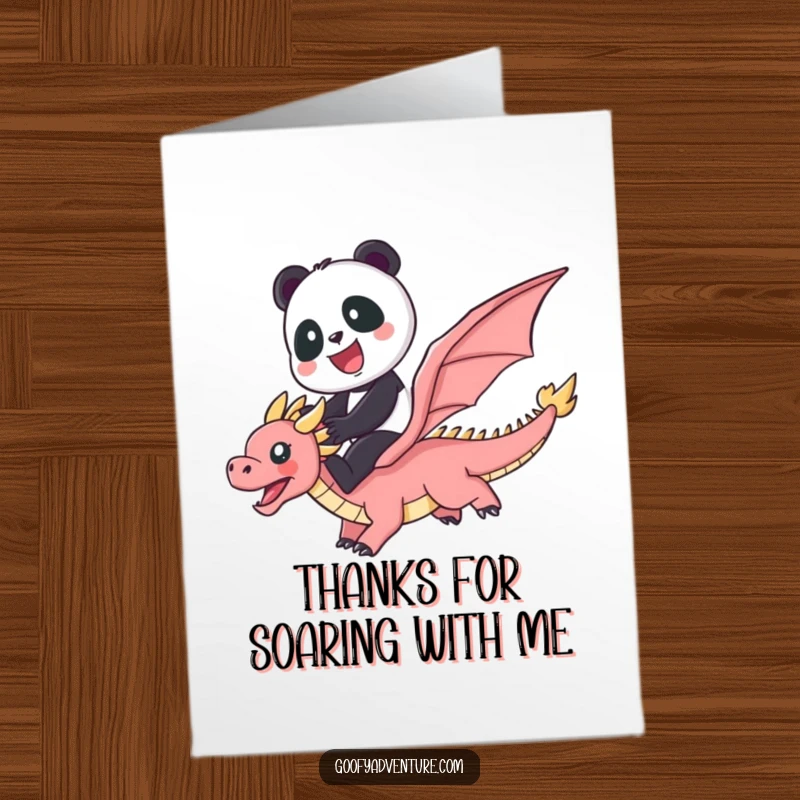 Funny Free Printable Panda and Dragon Thank You Card, riding a magical rainbow, expressing sincere thanks.