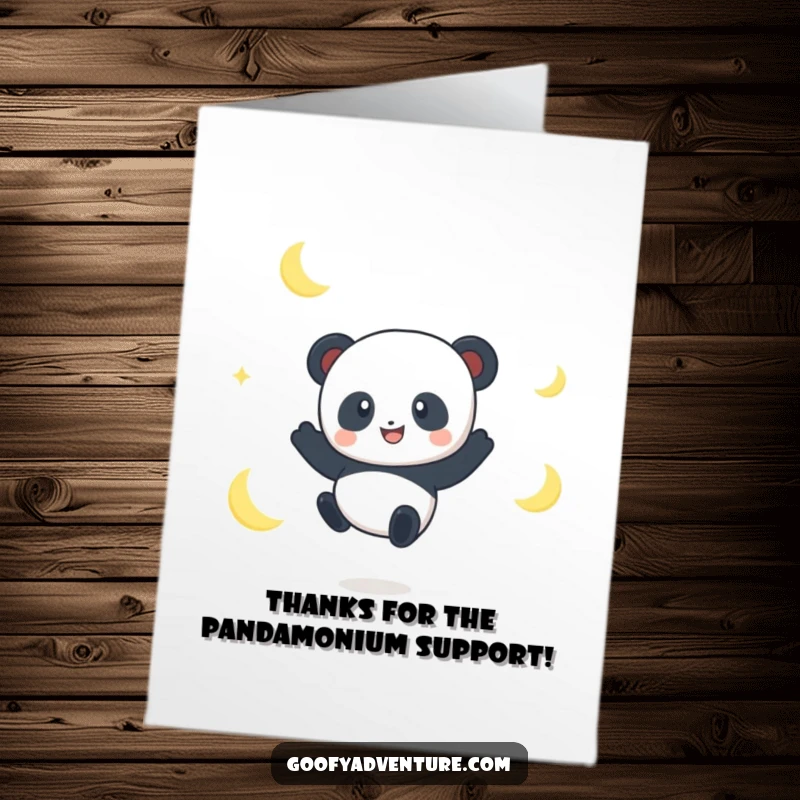 Funny free printable thank you card: smiling panda character jumping between moon crescents.