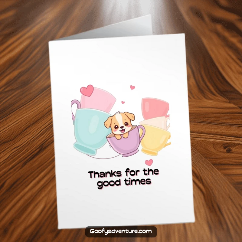 Funny Free Printable Thank You Card: Puppy ziplining between colorful teacups, expressing playful gratitude.