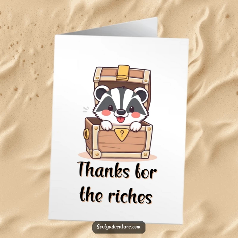 Free Printable Thank You Card: Smiling badger in treasure chest, expressing gratitude, bounty of thanks, funny gift, DIY.