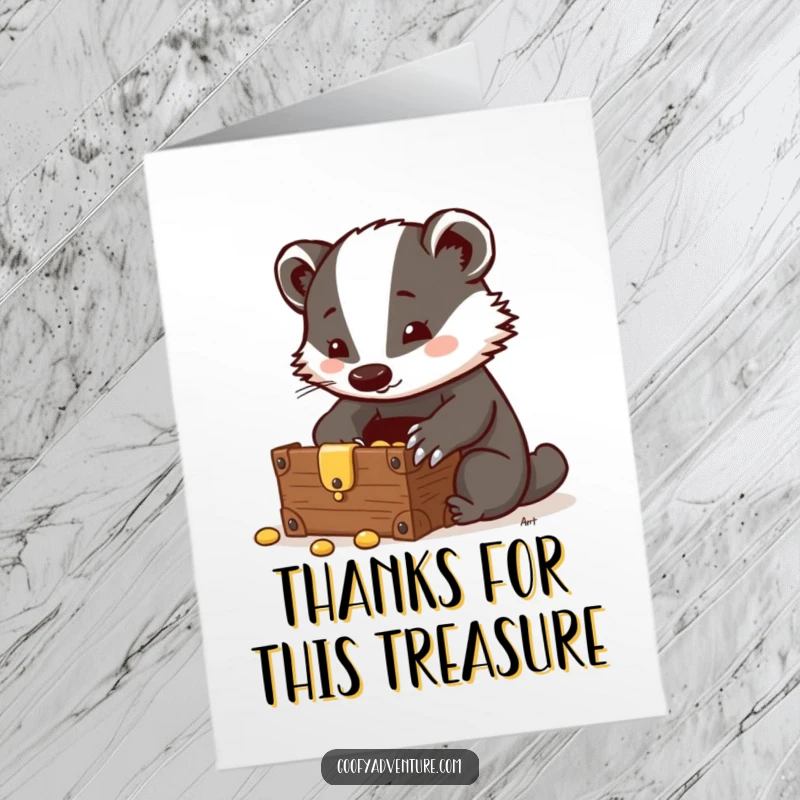 Funny Free Printable Thank You Card: A clever badger character peeks into a treasure chest, conveying deep gratitude.