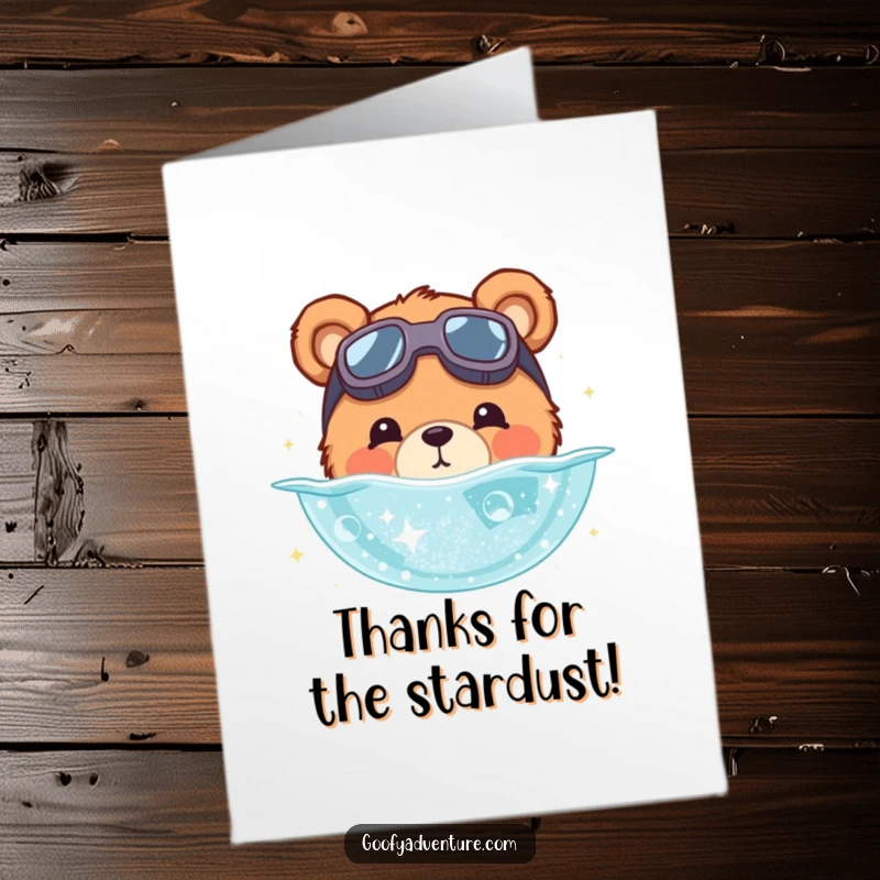 Funny Free Printable Thank You Card: Bear with goggles dives into stardust pool, expressing thanks