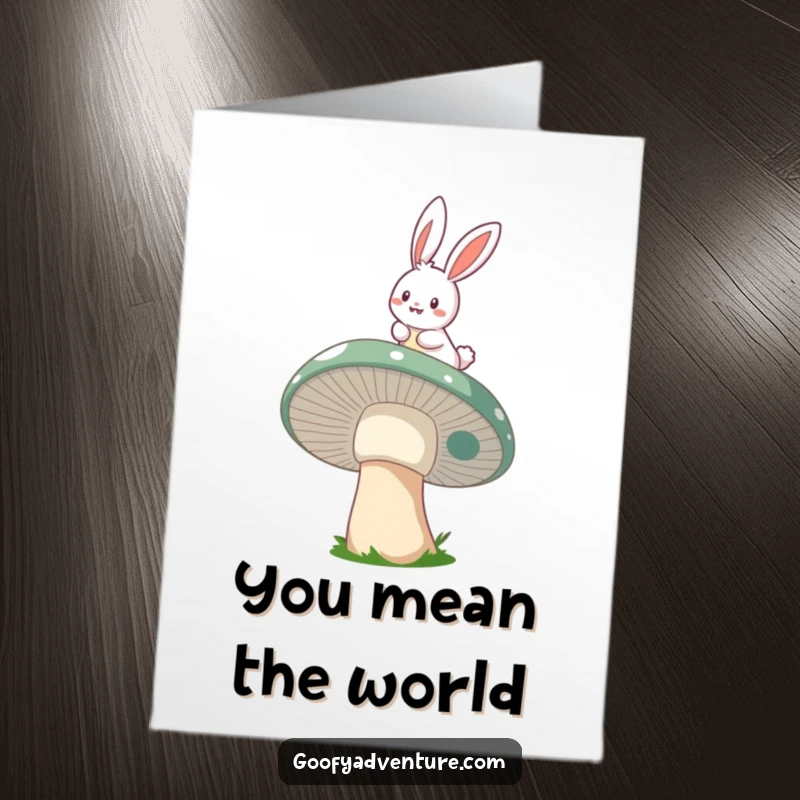 Funny Free Printable Thank You Card of a cheerful bunny riding a giant mushroom, expressing magical gratitude.
