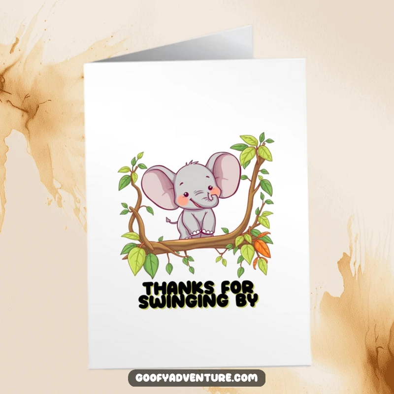Funny Free Printable Thank You Card: Happy elephant adventuring across a jungle vine bridge, conveying sincere thanks.