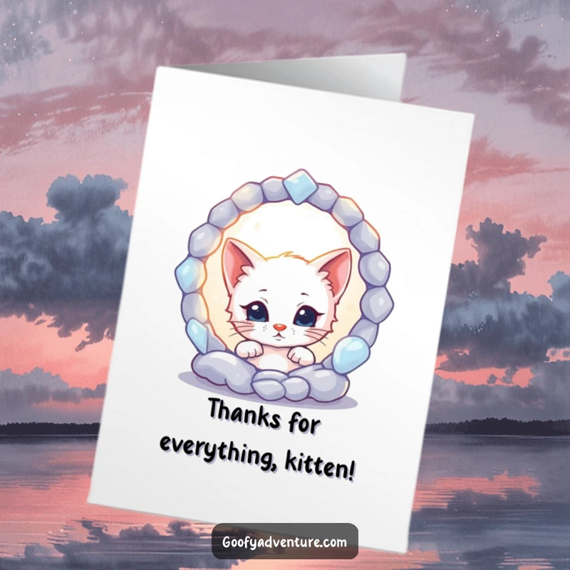 Funny Free Printable Thank You Card: Adorable kitten curiously peeks into a vibrant, shimmering portal, full of wonder.
