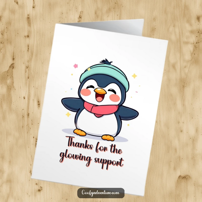 Free Printable Thank You Card: Joyous penguin with aurora lights, expressing gratitude, luminous thanks, funny gift, DIY.