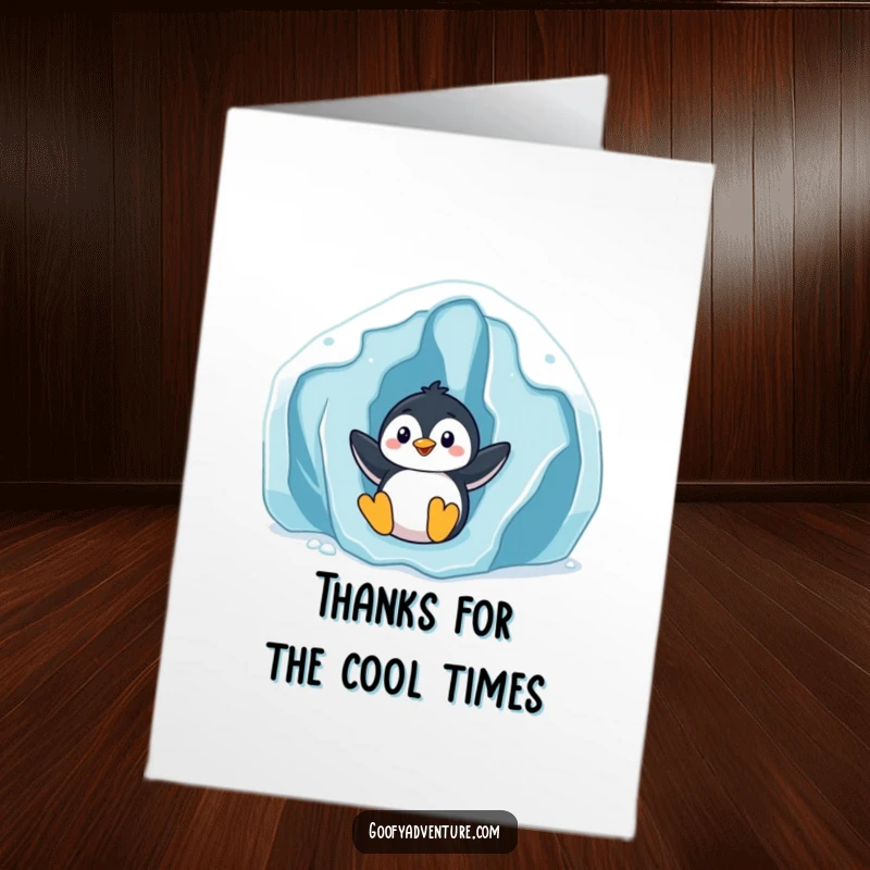 Funny Free Printable Thank You Card: Playful penguin character sliding joyfully down a glacier, expressing thanks with a smile.