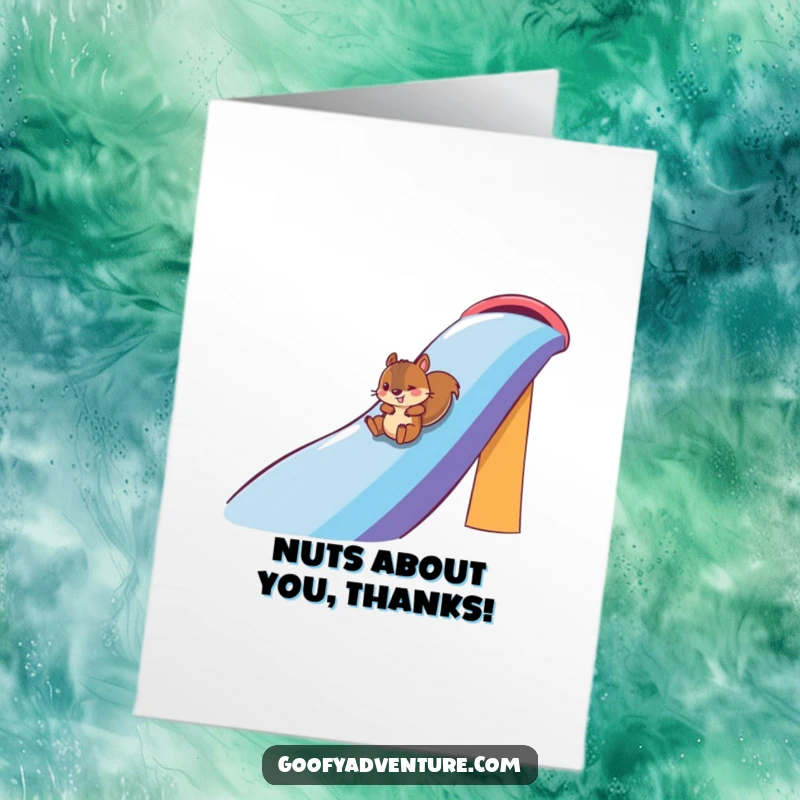 Funny Free Printable Thank You Card: A playful squirrel slides down a massive rainbow, sending thanks with a burst of color and joy.