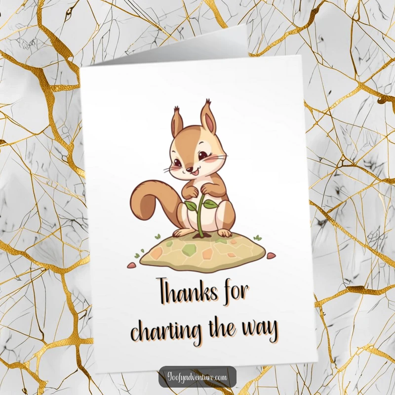 Free Printable Thank You Card: Squirrel planting map seed, expressing gratitude, funny appreciation, DIY.