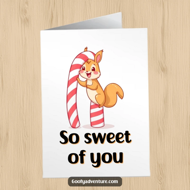 Funny Free Printable Thank You Card of a happy squirrel scaling a candy cane, expressing sweet thanks.