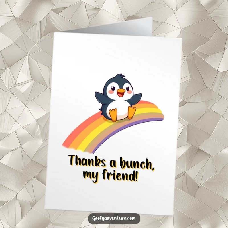 Funny Free Printable Penguin Thank You Card: Happy penguin sliding down a rainbow, conveying thanks with vibrant humor.