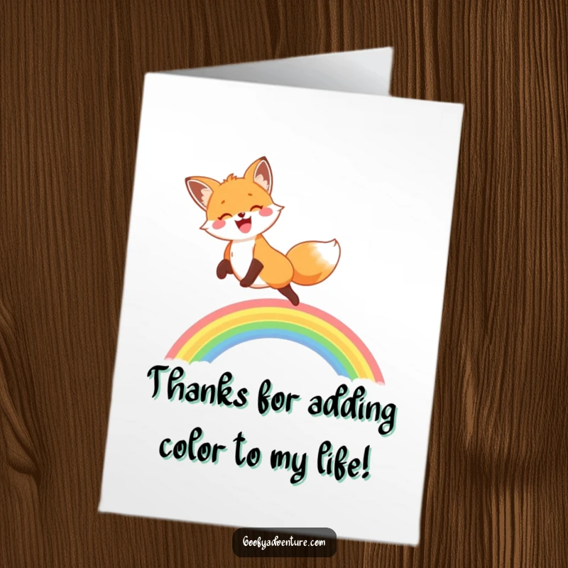 Funny Free Printable Thank You Card: Grateful fox leaping over a rainbow, conveying thanks. Sweet and downloadable.