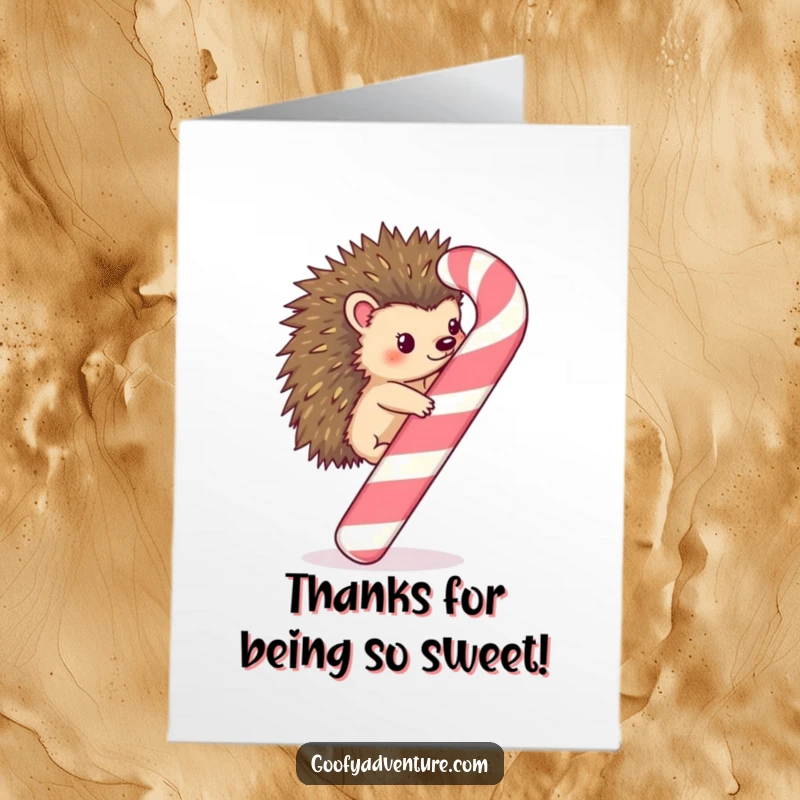 Funny Free Printable Thank You Card: Kawaii hedgehog offering a sweet candy cane as a token of appreciation and thanks.