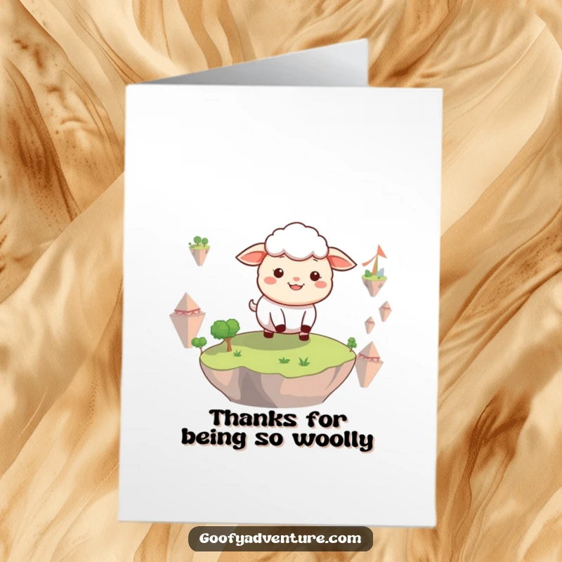 Funny Free Printable Sheep Thank You Card: A smiling sheep joyfully exploring a land of floating islands. Downloadable gift.