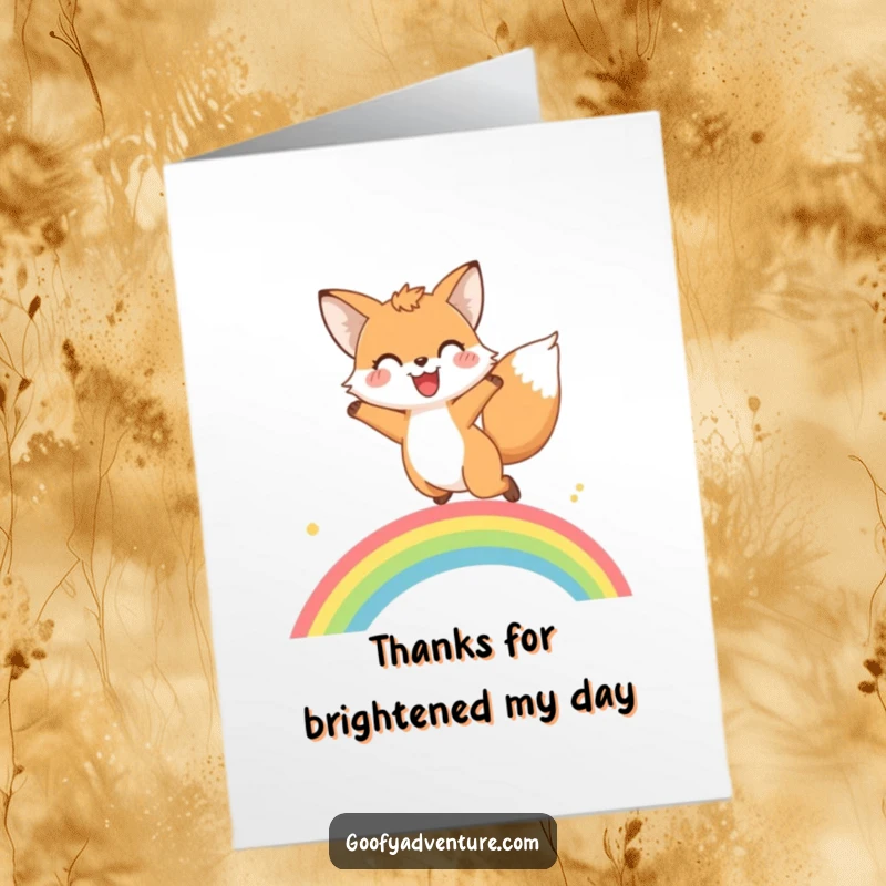 Funny Free Printable Thank You Card: Fox jumping joyfully over a rainbow, sending a colorful and funny thank you.