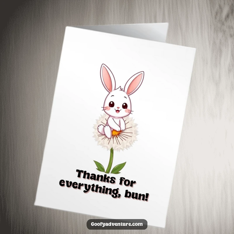 Funny Free Printable Thank You Card: A happy bunny gracefully rides a giant dandelion seed, conveying thanks with a touch of whimsy.
