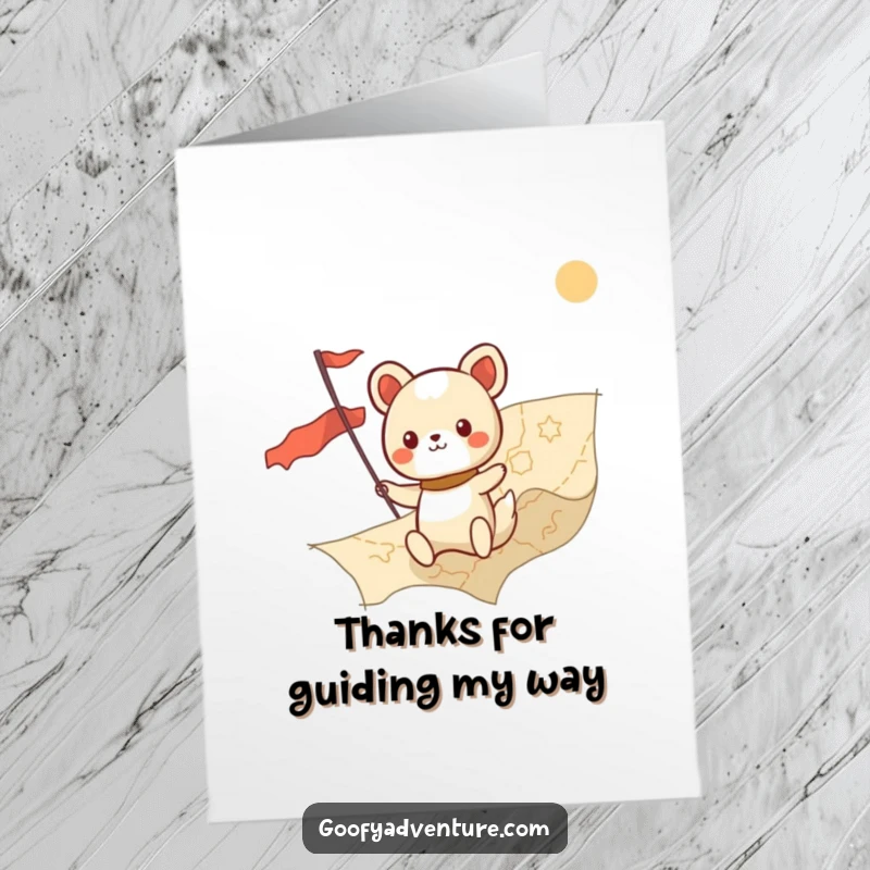 Funny Free Printable Thank You Card of a kawaii animal character bravely charting a course on a giant map, a guided expression of thanks.